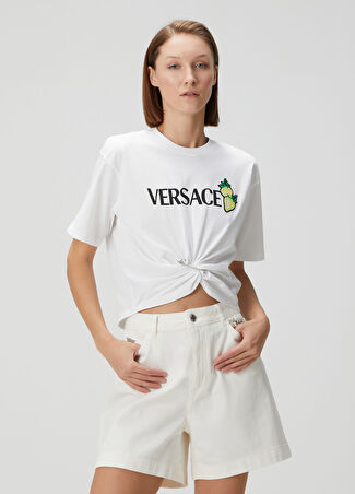Versace Kadın Strawberry Garden Beyaz Crop T-Shirt 38 It