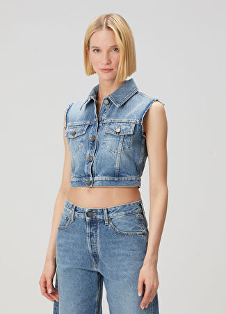 Alessandra Rich Kadın Mavi Crop Denim Yelek 40 It