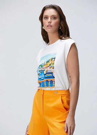 Network Kadın Kırık Beyaz Baskılı T-Shirt Xs
