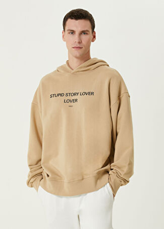 Tee Library Erkek Bej Kapüşonlu Slogan Baskılı Sweatshirt S