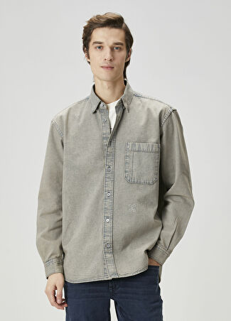 Closed Erkek Logo Nakışlı Organik Pamuk Denim Gömlek Gri S