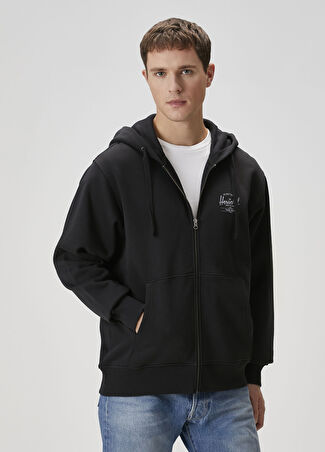 Herschel Erkek Siyah Kapüşonlu Logo Baskılı Sweatshirt L