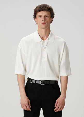 Academia Erkek Beyaz Polo Yaka Kısa Kollu Oversized Triko M