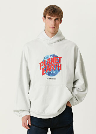 Balenciaga Erkek Planet Earth Kırık Beyaz Kapüşonlu Sweatshirt Xs