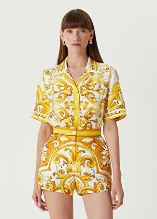 Dolce&gabbana Kadın Majolica Sarı Desenli Twill İpek Gömlek 38 It