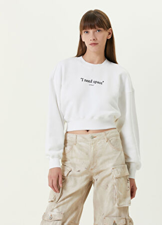 Off-white Kadın Beyaz Bisiklet Yaka Baskılı Crop Sweatshirt Xs