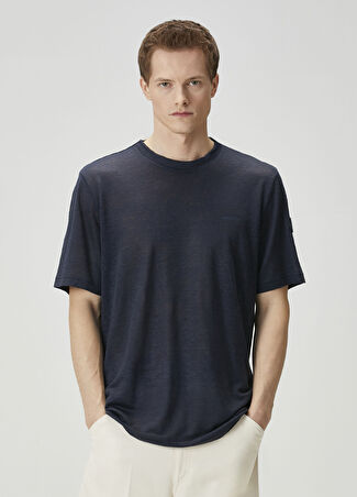 Moncler Erkek Koyu Mavi Logo Baskılı Keten T-Shirt Lacivert M