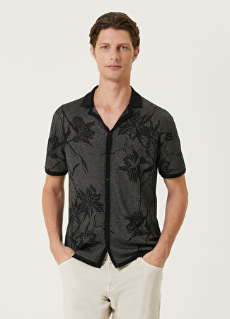 John Varvatos Erkek Siyah Çiçek Desen Jakarlı Triko Gömlek M