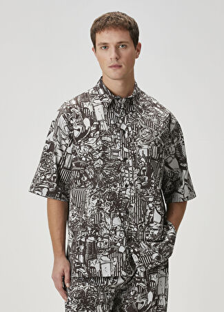 Marcelo Burlon Erkek Koyu Gri Figür Desenli Kısa Kollu Gömlek M