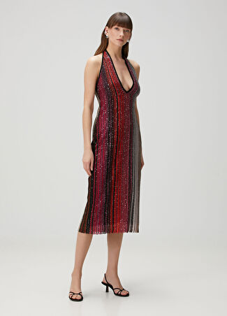 Missoni Kadın Siyah Çizgili Payetli Midi Elbise Kırmızı 42 It