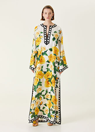 Dolce&gabbana Kadın Sarı Gül Baskılı Maksi İpek Kaftan Elbise 40 It
