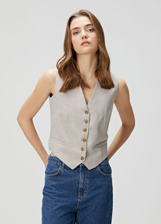 Beymen Collection Collection Kadın Bej Desenli Keten Yelek Gri 34