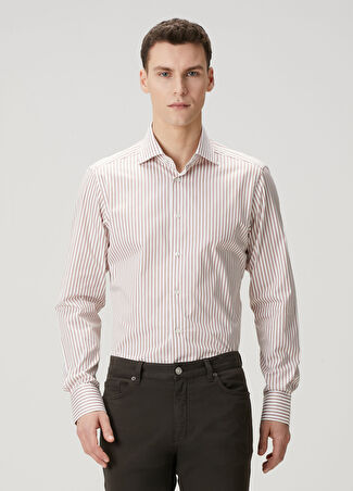 Zegna Erkek Kahverengi Beyaz Çizgi Desenli Gömlek Bej 40 It