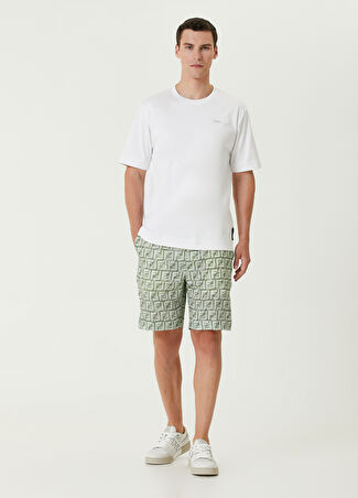 Fendi Erkek Beyaz Yeşil Logo Desenli Keten Bermuda 50 It -1