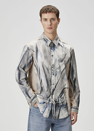 Y-project Erkek Bej Denim Baskılı Gömlek M