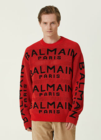 Balmain Erkek Kırmızı Siyah Logo Jakarlı Şeffaf Şerit Kazak M