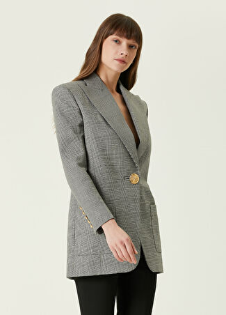 Balmain Kadın Siyah Beyaz Kırlangıç Yaka Ekoseli Yün Ceket 36 Fr