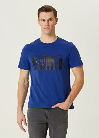 Network Erkek Saks Baskılı T-Shirt Mavi Xs