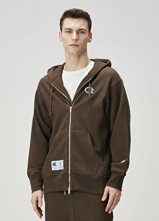 Champion Erkek Koyu Kahverengi Logo Detaylı Sweatshirt S