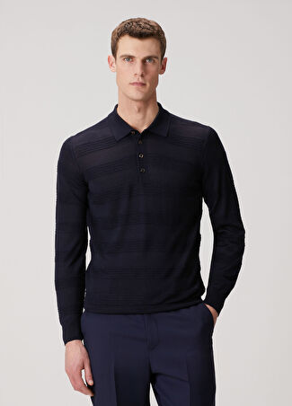Pal Zileri Erkek Lacivert Polo Yaka Çizgi Jakarlı Yün Sweatshirt 50 It