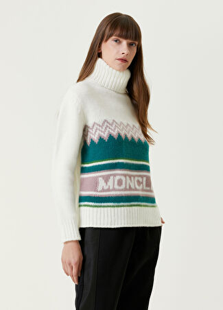 Moncler Kadın Krem Logo Jakarlı Yün Kazak Bej S
