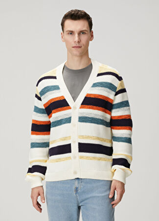 Maison Kitsune Erkek Bej Şerit Jakarlı Triko Hırka L