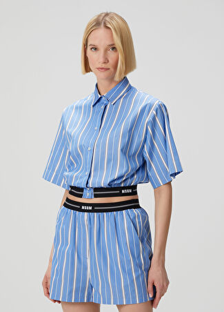 Msgm Kadın Mavi Çizgili Crop Poplin Gömlek 38 It
