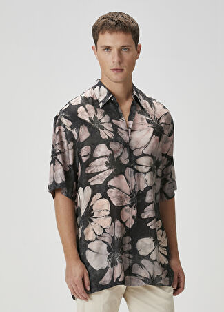 Dries Van Noten Erkek Pembe Çiçek Desenli Kısa Kollu İpek Gömlek M -1