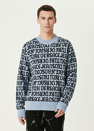 Versace Jeans Couture Erkek Mavi Geometrik Logo Desenli Yün Triko M