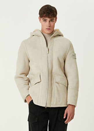 Stone Island Erkek Bej Kapüşonlu Süet Palto L
