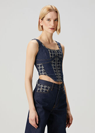 Amiri Kadın Mavi Crop Denim Bluz S