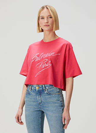 Balmain Kadın Pembe Logo Baskılı Crop T-Shirt Xs