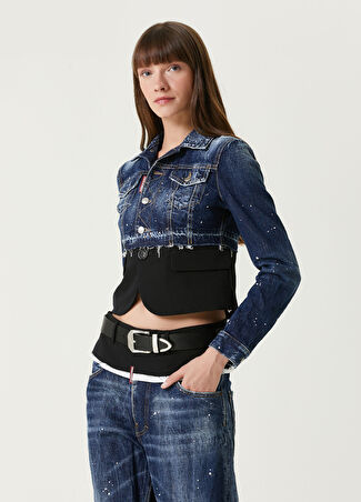 Dsquared2 Kadın Mavi Siyah Crop Denim Ceket Lacivert 40 It
