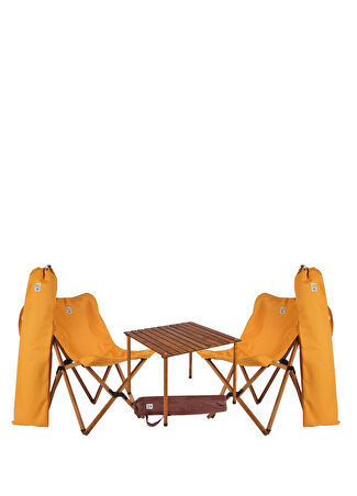 Bag The Joy Ahşap Kahverengi Hardal Katlanır Kamp Masa Ve Sandalye Seti 70x70x55 Cm -1