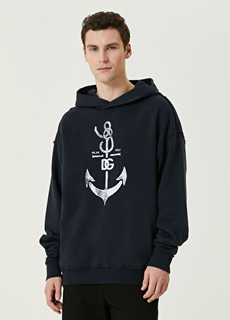 Dolce&gabbana Erkek Lacivert Kapüşonlu Logolu Sweatshirt Xs