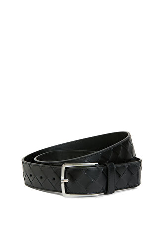 Bottega Veneta Erkek Siyah Silver Örgü Dokulu Deri Kemer 115 -1