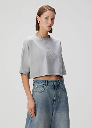 Loewe Kadın Gri Logolu Crop T-Shirt L