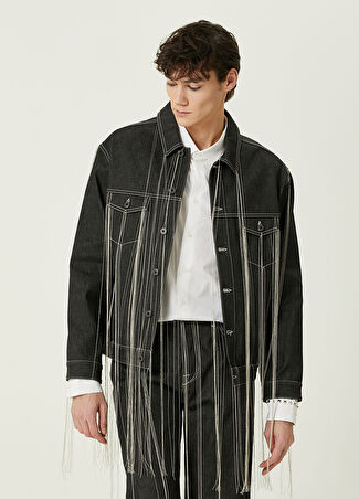 Valentino Erkek Siyah Püsküllü Denim Ceket 46 It