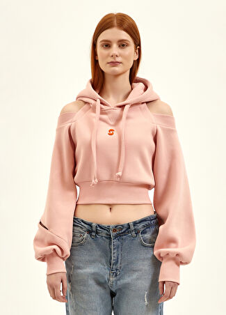 Nasaqu Kadın Pembe Açık Omuzlu Crop Top Sweatshirt L/xl -1