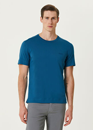 Zegna Erkek Mavi Logo Nakışlı Basic T-Shirt 48 It
