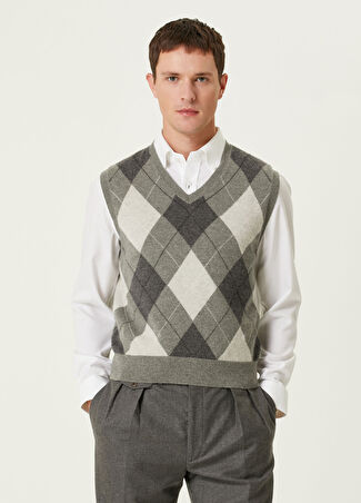Ralph Lauren Purple Label Erkek Gri Geometrik Desenli Kaşmir Süveter M