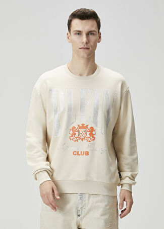 Philipp Plein Erkek Bej Taşlı Logo İşlemeli Sweatshirt L