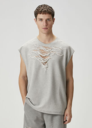 Diesel Erkek Açık Gri Yıpratmalı T-shirt S