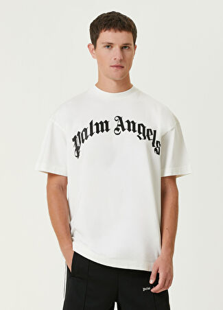 Palm Angels Erkek Beyaz Logo Baskılı T-Shirt Bej L