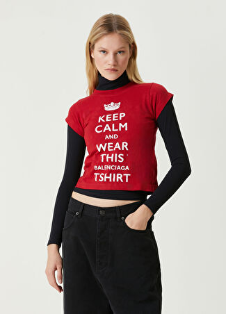Balenciaga Kadın Keep Calm Kırmızı Baskılı T-Shirt S