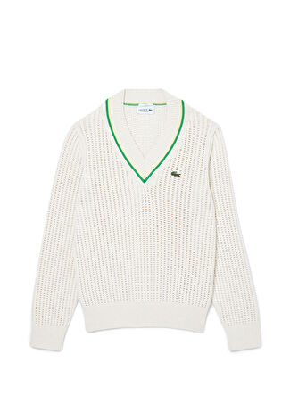 Lacoste Krem V Yaka Classic Fit Uzun Kollu Triko Kazak S -1