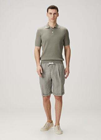 Brunello Cucinelli Erkek Haki Beli Kordonlu Çift Pilili Keten Bermuda 54 It -1