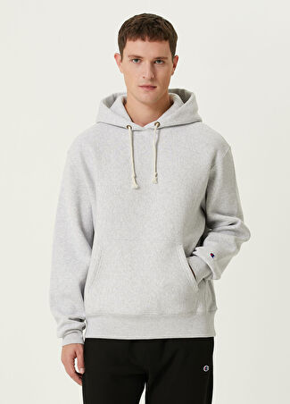 Champion Erkek Gri Kapüşonlu Logo Detaylı Sweatshirt S