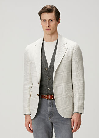 Brunello Cucinelli Erkek Gri Ekose Desenli Keten Ceket 50 It -1