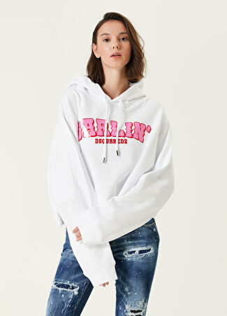 Dsquared2 Kadın Beyaz Kapüşonlu Logo Baskılı Sweatshirt L